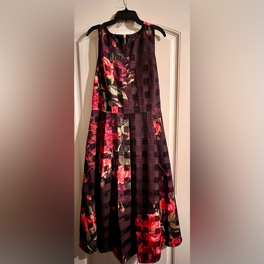 Ted Baker London Purple and Red Floral and Plaid A-Line Dress